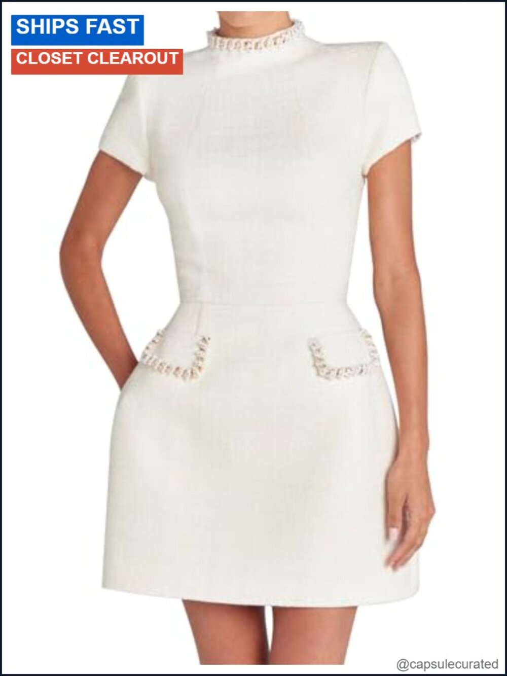 Sexy Tweed Mini Dress Pearl Trim Short Sleeve High Neck Bodycon Club Party